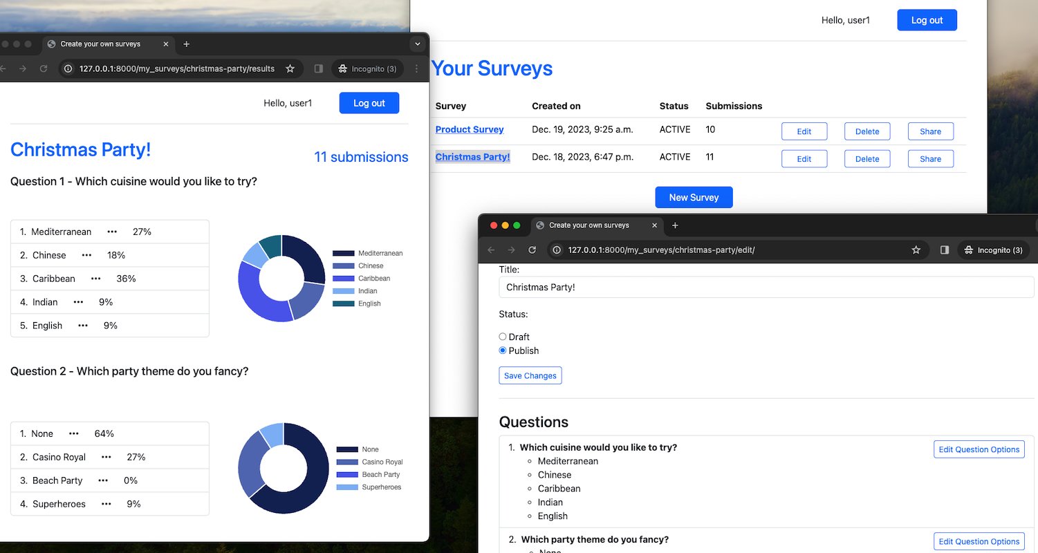 Three screenshots of the survey app, showing the results, dashboard and new survey pages.